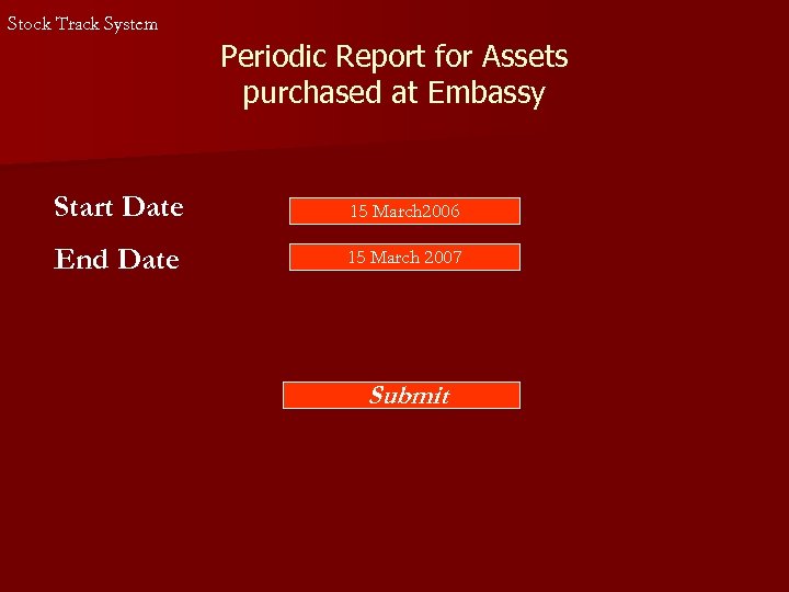 Stock Track System Periodic Report for Assets purchased at Embassy Start Date 15 March