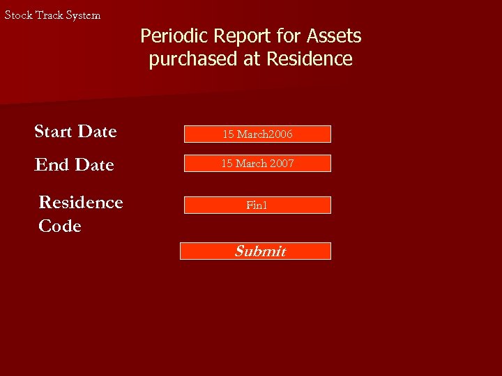 Stock Track System Periodic Report for Assets purchased at Residence Start Date 15 March