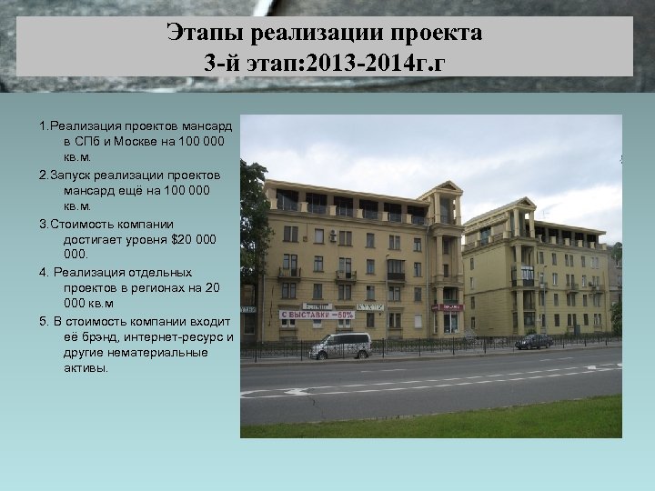 Этапы реализации проекта 3 -й этап: 2013 -2014 г. г 1. Реализация проектов мансард