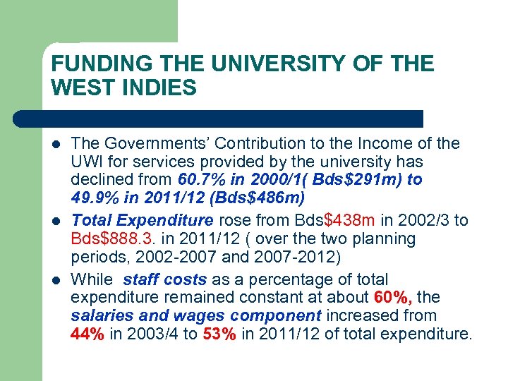 FUNDING THE UNIVERSITY OF THE WEST INDIES l l l The Governments’ Contribution to