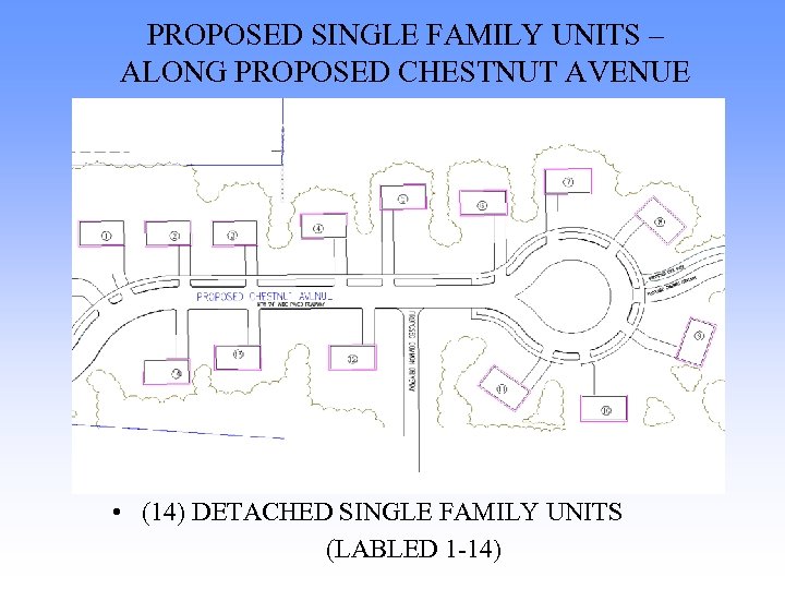 PROPOSED SINGLE FAMILY UNITS – ALONG PROPOSED CHESTNUT AVENUE • (14) DETACHED SINGLE FAMILY