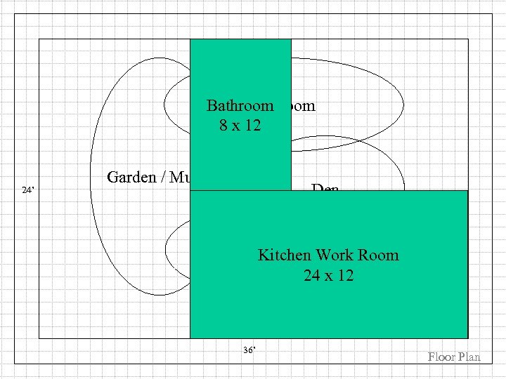Bathroom Bedroom 8 x 12 24’ Bathroom Garden / Music Den Kitchen / Eating
