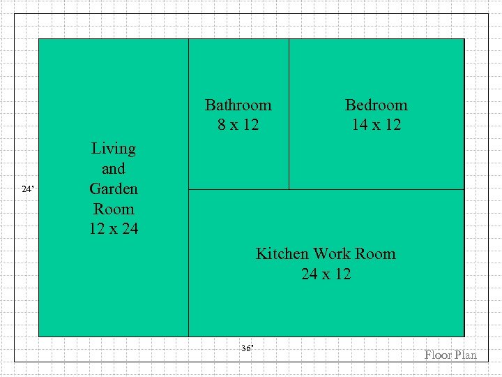 Bathroom Bedroom 8 x 12 24’ Bedroom 14 x 12 Living Bathroom and Garden