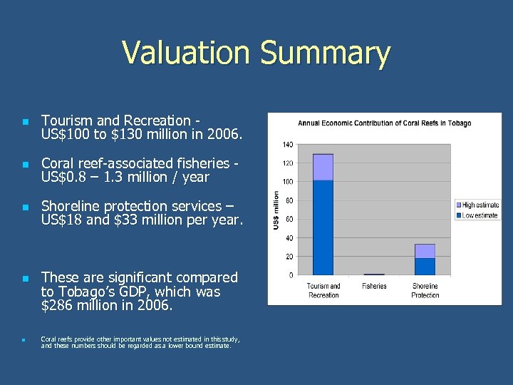 Valuation Summary n Tourism and Recreation US$100 to $130 million in 2006. n Coral