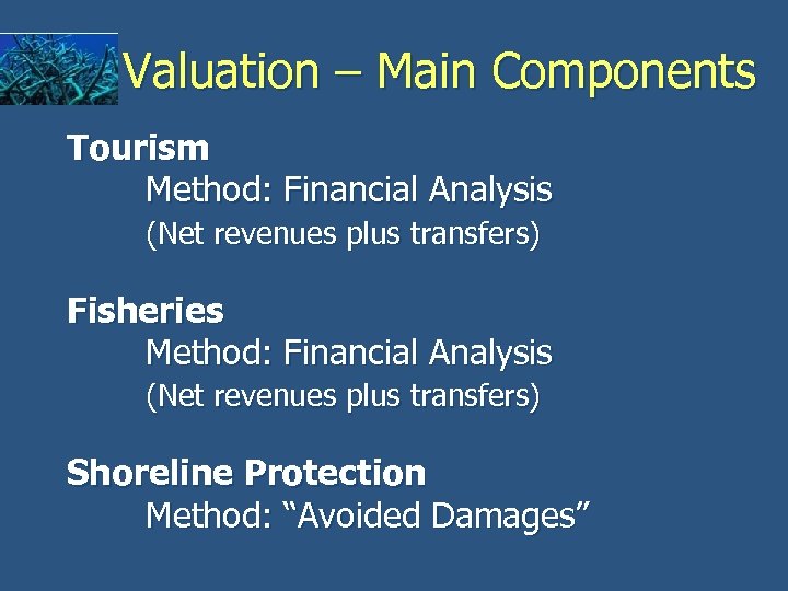 Valuation – Main Components Tourism Method: Financial Analysis (Net revenues plus transfers) Fisheries Method: