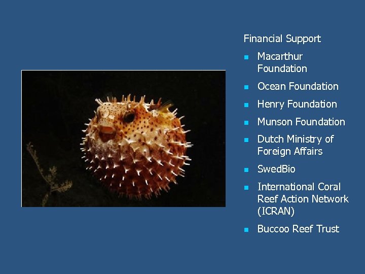 Financial Support n Macarthur Foundation n Ocean Foundation n Henry Foundation n Munson Foundation