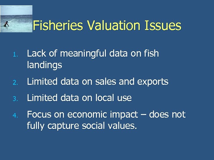 Fisheries Valuation Issues 1. Lack of meaningful data on fish landings 2. Limited data