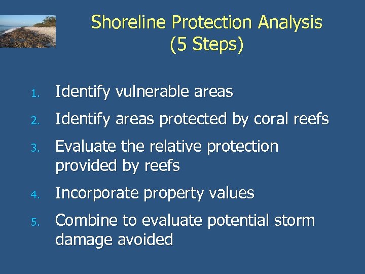 Shoreline Protection Analysis (5 Steps) 1. Identify vulnerable areas 2. Identify areas protected by