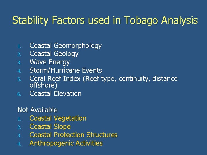 Stability Factors used in Tobago Analysis 1. 2. 3. 4. 5. 6. Coastal Geomorphology