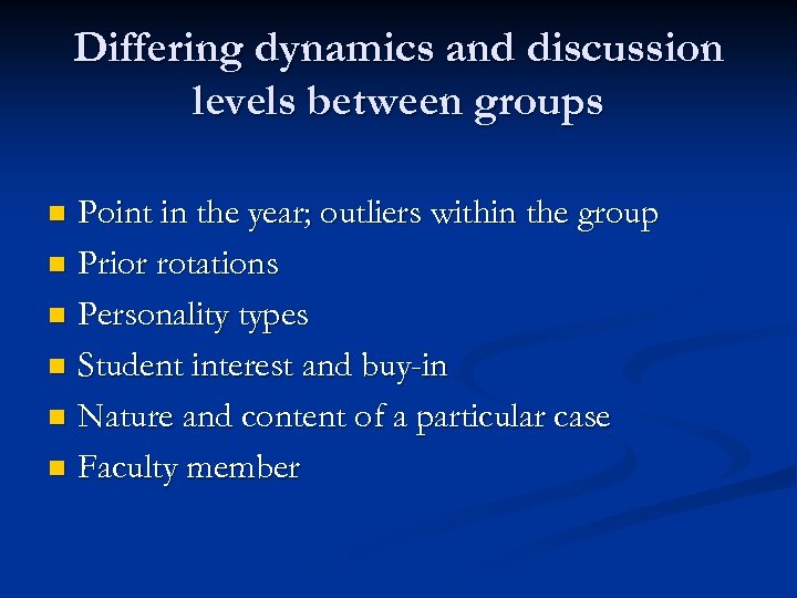 Differing dynamics and discussion levels between groups Point in the year; outliers within the