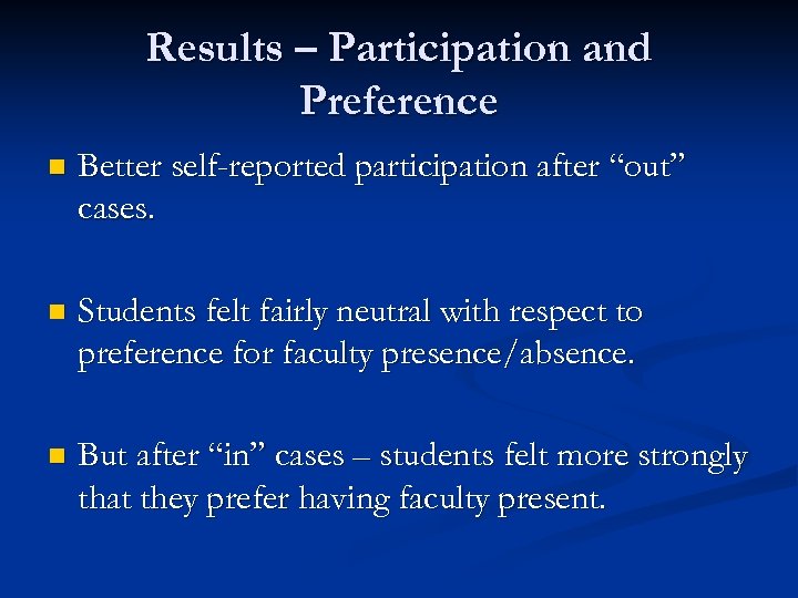Results – Participation and Preference n Better self-reported participation after “out” cases. n Students