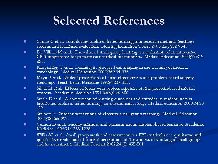 Selected References n n n n n Carisle C et al. Introducing problem-based learning