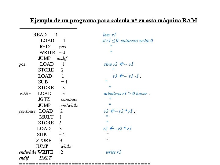 Ejemplo de un programa para calcula nn en esta máquina RAM =========== READ 1