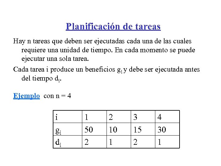 Planificación de tareas Hay n tareas que deben ser ejecutadas cada una de las