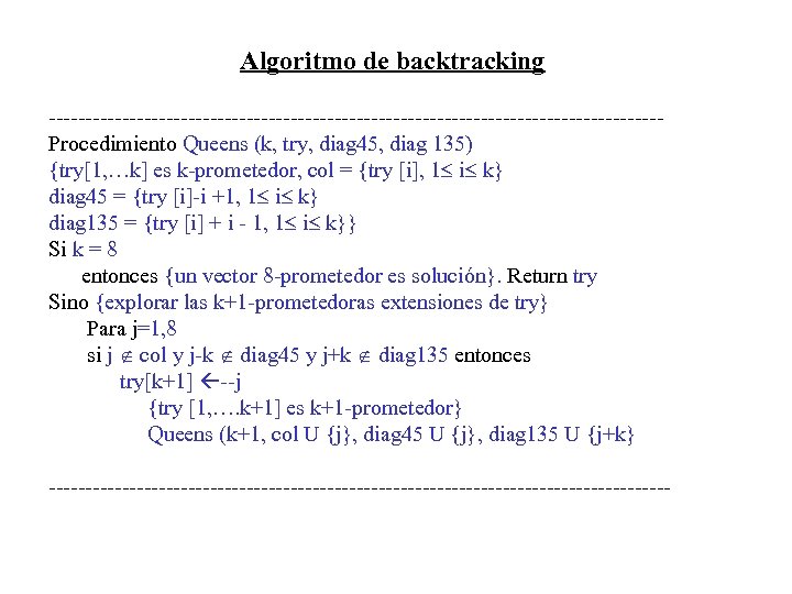 Algoritmo de backtracking ------------------------------------------Procedimiento Queens (k, try, diag 45, diag 135) {try[1, …k] es