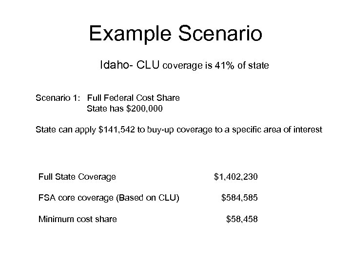 Example Scenario Idaho- CLU coverage is 41% of state Scenario 1: Full Federal Cost
