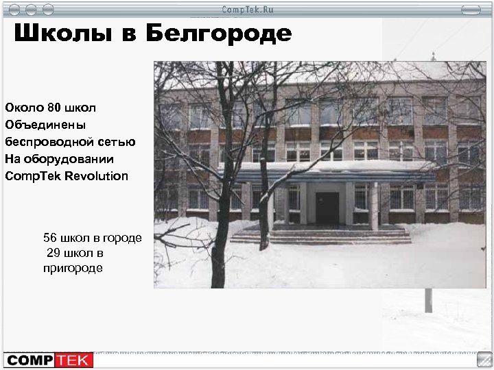 Школы в Белгороде Около 80 школ Объединены беспроводной сетью На оборудовании Comp. Tek Revolution