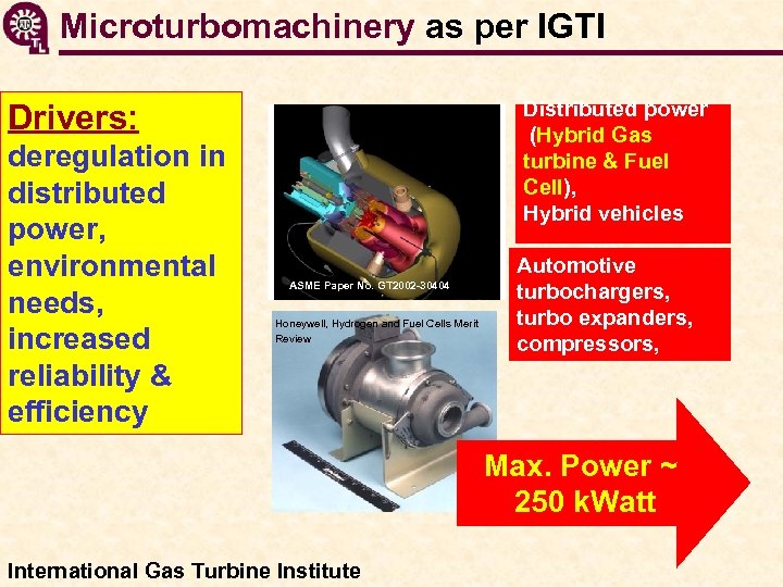 Microturbomachinery as per IGTI Distributed power (Hybrid Gas turbine & Fuel Cell), Hybrid vehicles
