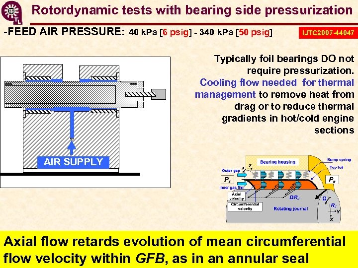 Rotordynamic tests with bearing side pressurization -FEED AIR PRESSURE: 40 k. Pa [6 psig]