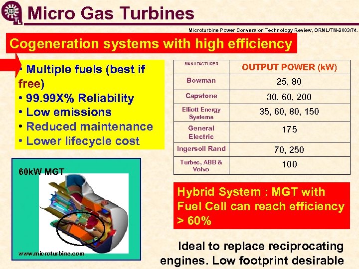 Micro Gas Turbines Microturbine Power Conversion Technology Review, ORNL/TM-2003/74. Cogeneration systems with high efficiency