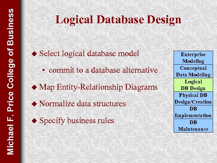 Michael F. Price College of Business Logical Database Design u Select logical database model