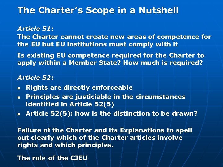 The Charter’s Scope in a Nutshell Article 51: The Charter cannot create new areas