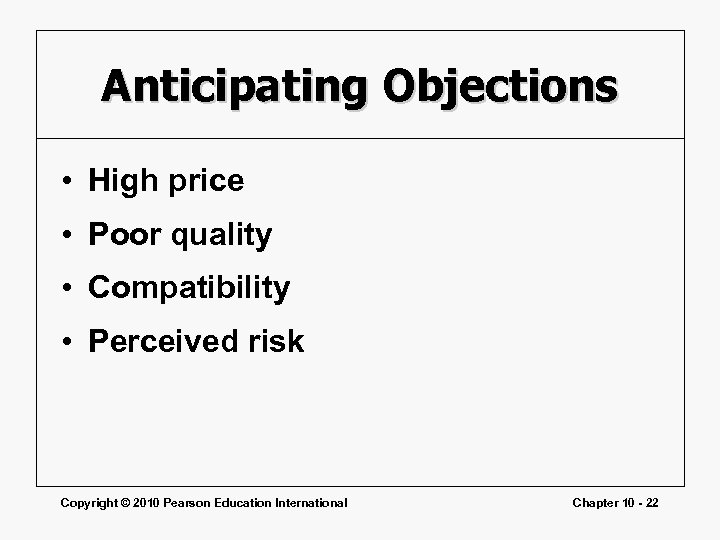 Anticipating Objections • High price • Poor quality • Compatibility • Perceived risk Copyright