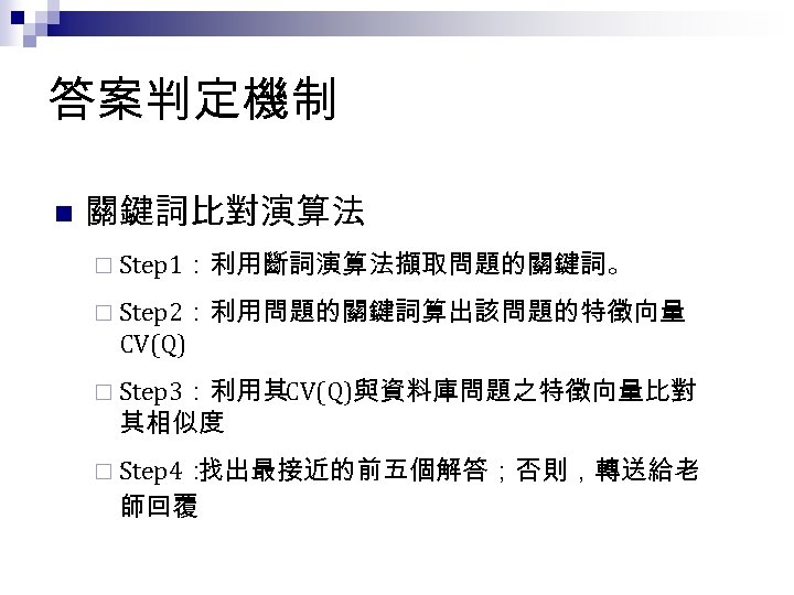 答案判定機制 n 關鍵詞比對演算法 ¨ Step 1：利用斷詞演算法擷取問題的關鍵詞。 ¨ Step 2：利用問題的關鍵詞算出該問題的特徵向量 CV(Q) ¨ Step 3：利用其CV(Q)與資料庫問題之特徵向量比對 其相似度