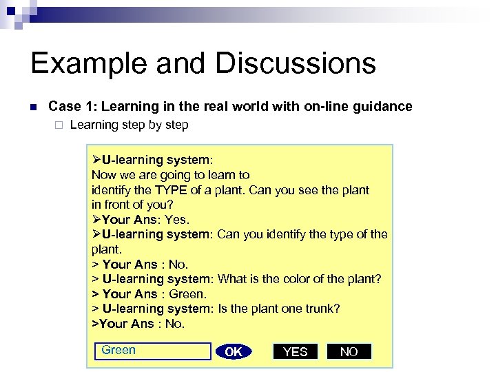 Example and Discussions n Case 1: Learning in the real world with on-line guidance