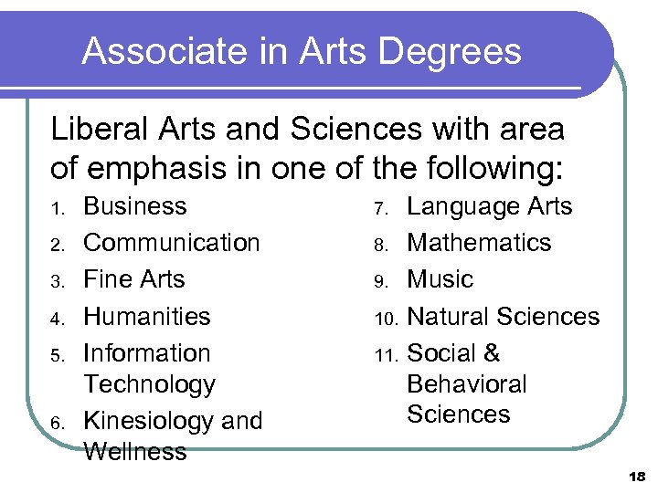 Associate in Arts Degrees Liberal Arts and Sciences with area of emphasis in one