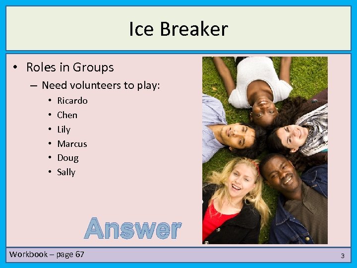 Ice Breaker • Roles in Groups – Need volunteers to play: • • •