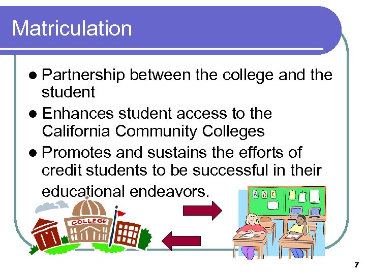 Matriculation l Partnership between the college and the student l Enhances student access to