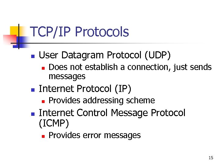TCP/IP Protocols n User Datagram Protocol (UDP) n n Internet Protocol (IP) n n