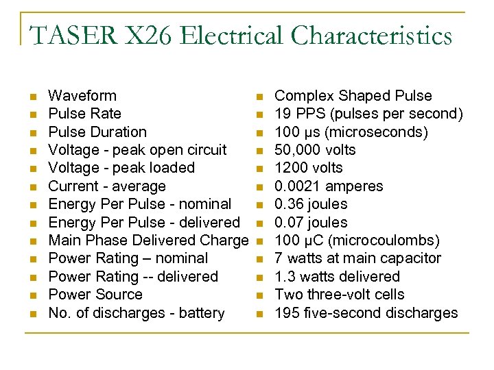 TASER X 26 Electrical Characteristics n n n n Waveform Pulse Rate Pulse Duration