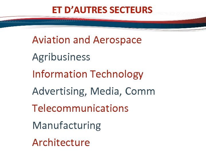 ET D’AUTRES SECTEURS Aviation and Aerospace Agribusiness Information Technology Advertising, Media, Comm Telecommunications Manufacturing