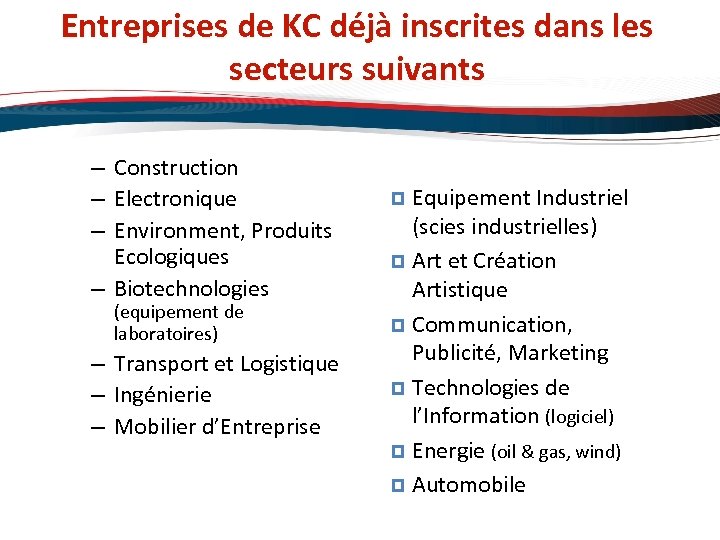 Entreprises de KC déjà inscrites dans les secteurs suivants – Construction – Electronique –
