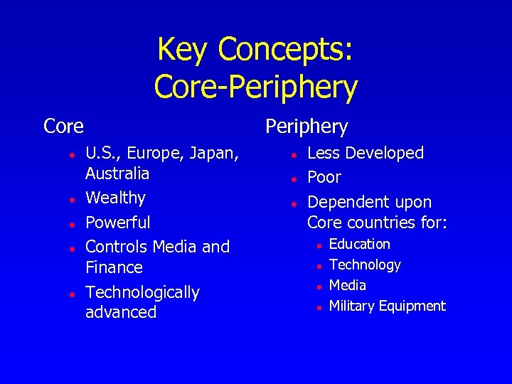 Key Concepts: Core-Periphery Core l l l Periphery U. S. , Europe, Japan, Australia
