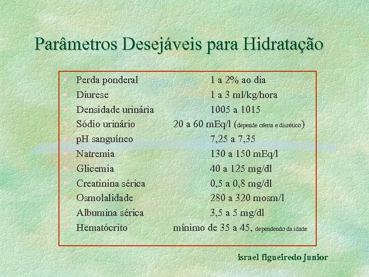 Parâmetros Desejáveis para Hidratação § § § Perda ponderal Diurese Densidade urinária Sódio urinário