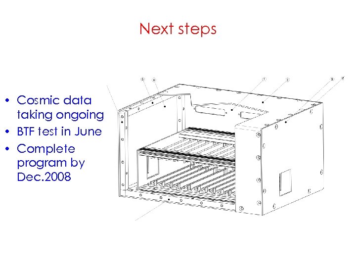 Next steps • Cosmic data taking ongoing • BTF test in June • Complete