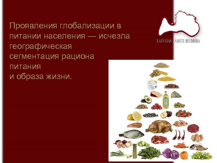 Проявления глобализации в питании населения — исчезла географическая сегментация рациона питания и образа жизни.