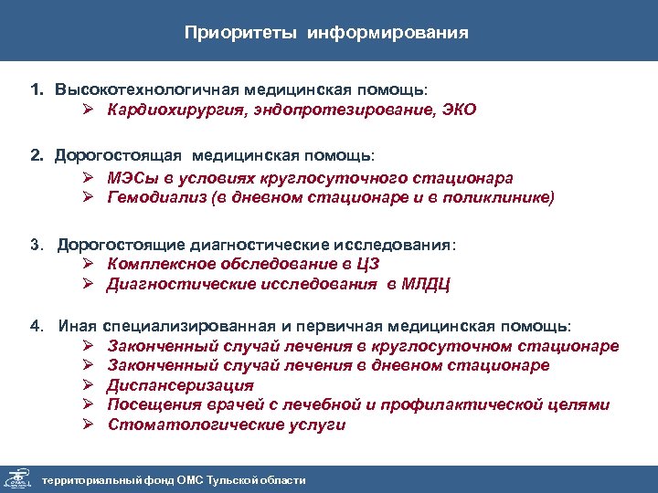 Приоритеты информирования 1. Высокотехнологичная медицинская помощь: Ø Кардиохирургия, эндопротезирование, ЭКО 2. Дорогостоящая медицинская помощь: