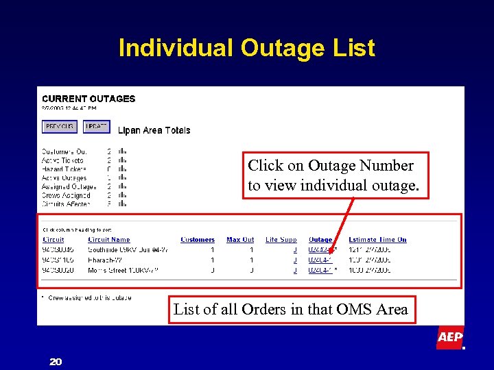 Individual Outage List Click on Outage Number to view individual outage. List of all