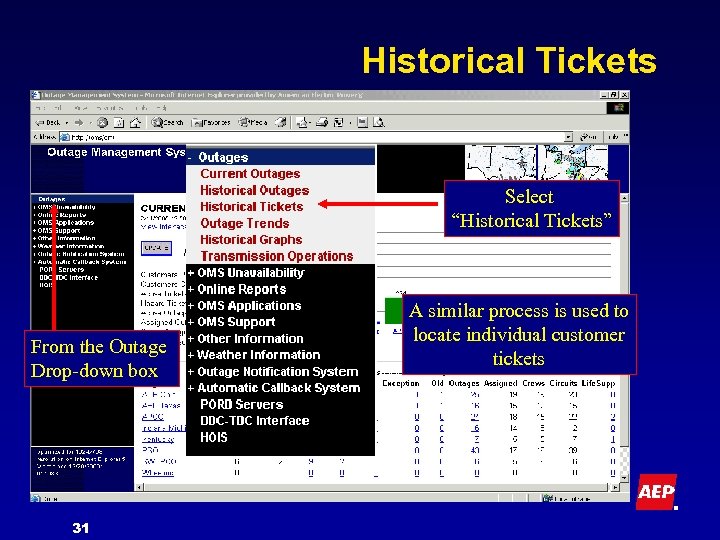 Historical Tickets Select “Historical Tickets” From the Outage Drop-down box 31 A similar process