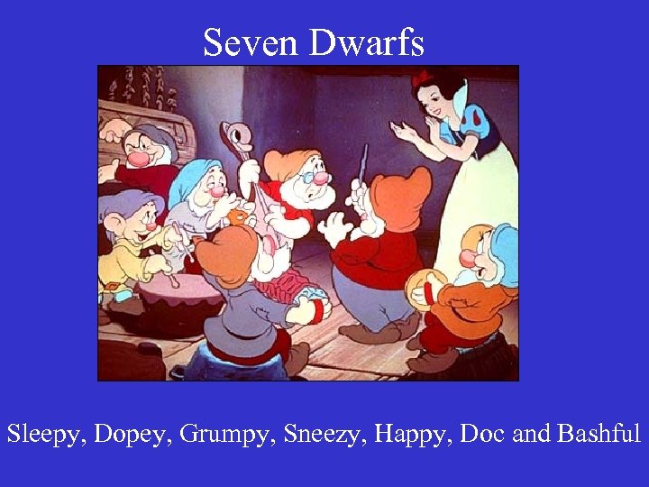 Seven Dwarfs Sleepy, Dopey, Grumpy, Sneezy, Happy, Doc and Bashful 
