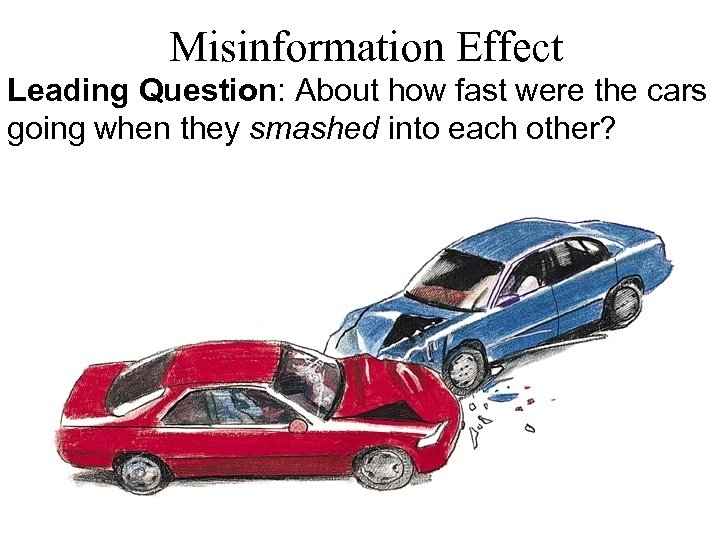 Misinformation Effect Leading Question: About how fast were the cars going when they smashed