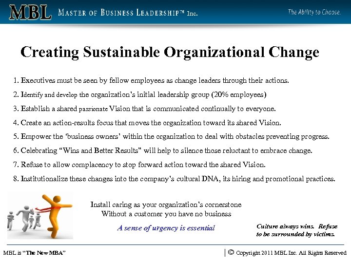 Inc. Creating Sustainable Organizational Change 1. Executives must be seen by fellow employees as