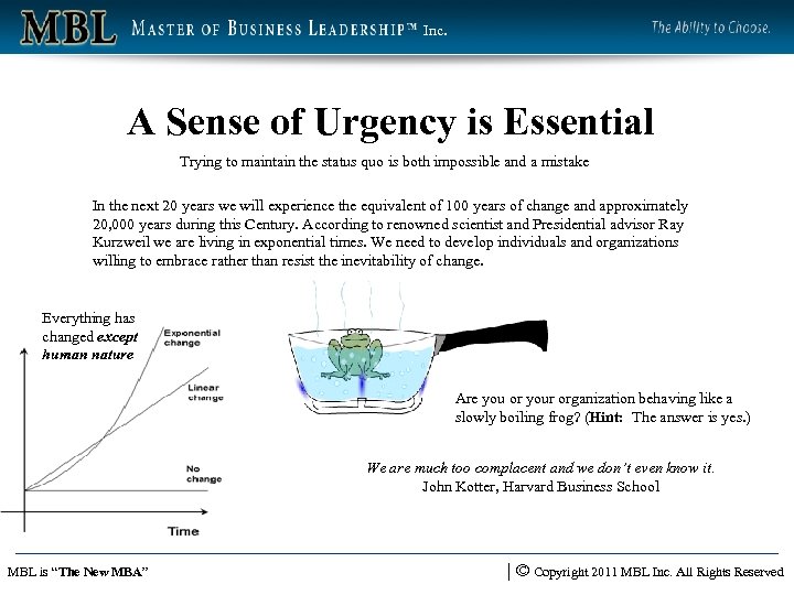 Inc. A Sense of Urgency is Essential Trying to maintain the status quo is