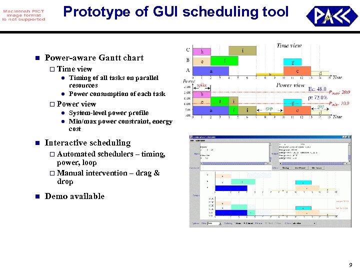 Prototype of GUI scheduling tool n Power-aware Gantt chart o Time view l l