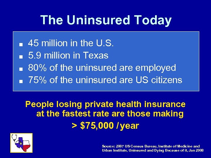 The Uninsured Today ■ ■ 45 million in the U. S. 5. 9 million