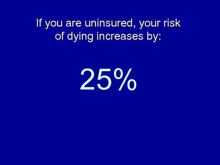 If you are uninsured, your risk of dying increases by: 25% 